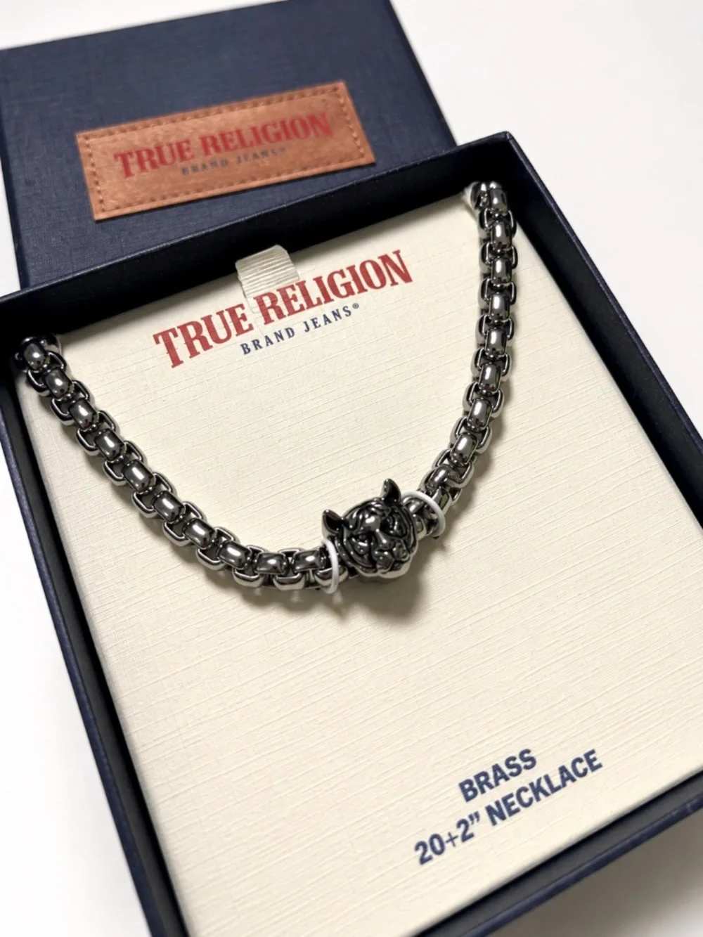 True Religion Men's Tiger Head Brass Necklace Silver Tone 20